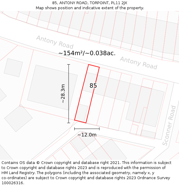 85, ANTONY ROAD, TORPOINT, PL11 2JX: Plot and title map