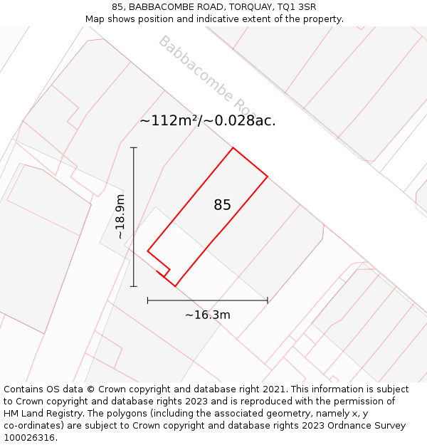 85, BABBACOMBE ROAD, TORQUAY, TQ1 3SR: Plot and title map