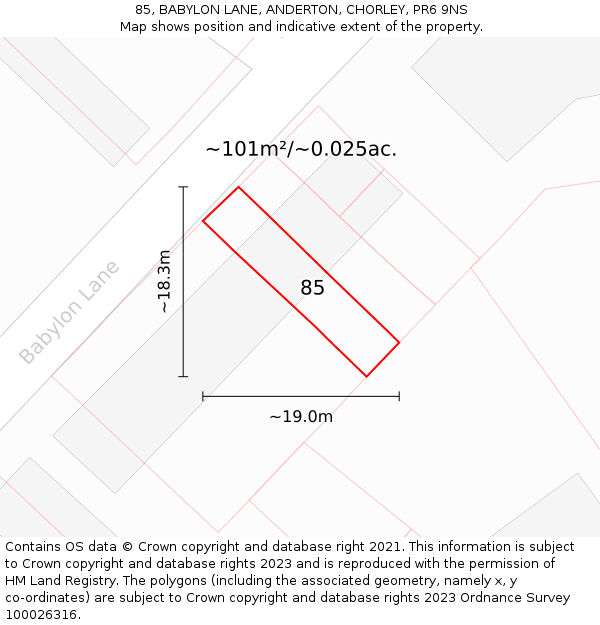 85, BABYLON LANE, ANDERTON, CHORLEY, PR6 9NS: Plot and title map