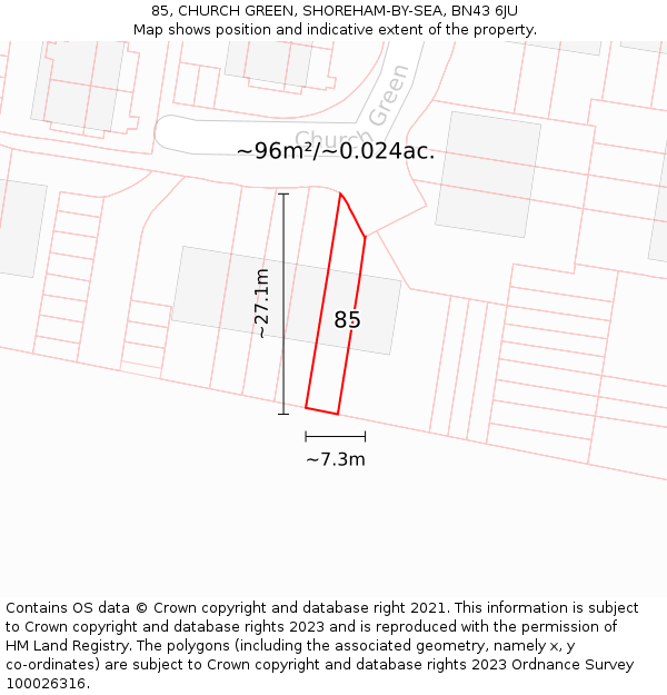 85, CHURCH GREEN, SHOREHAM-BY-SEA, BN43 6JU: Plot and title map
