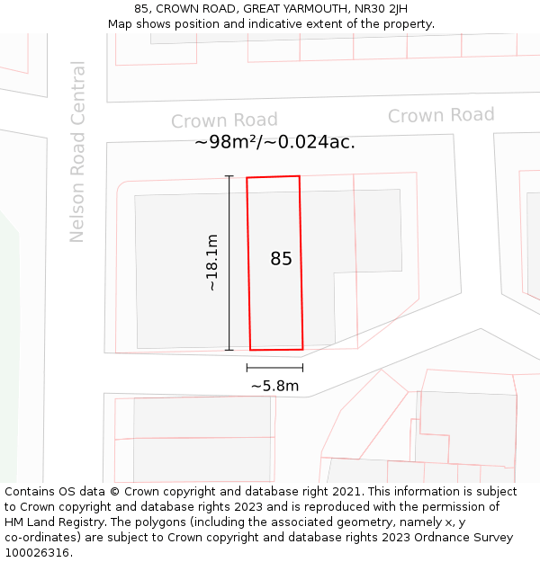 85, CROWN ROAD, GREAT YARMOUTH, NR30 2JH: Plot and title map