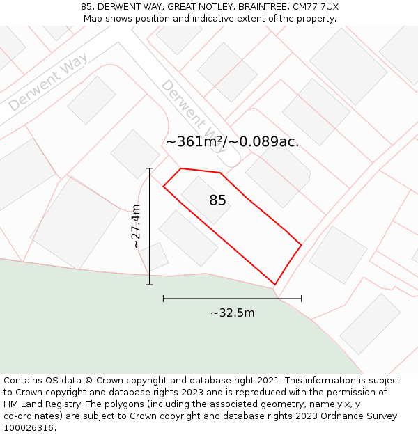 85, DERWENT WAY, GREAT NOTLEY, BRAINTREE, CM77 7UX: Plot and title map