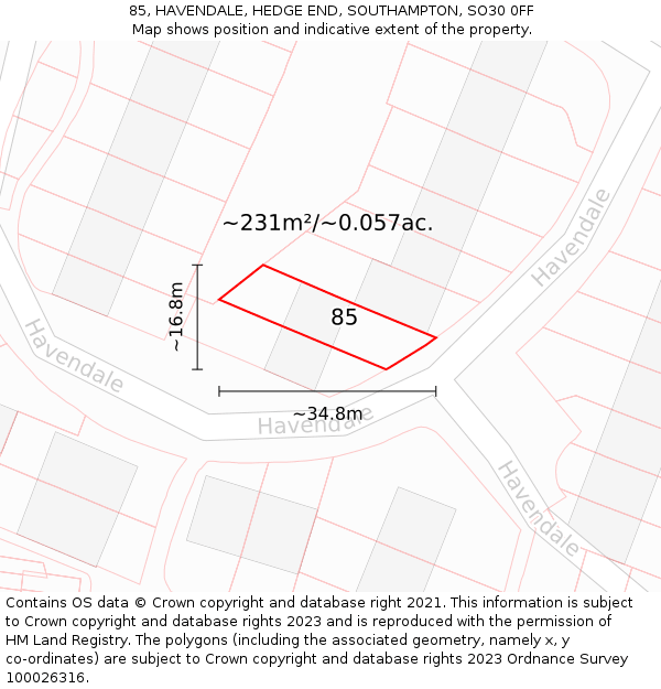 85, HAVENDALE, HEDGE END, SOUTHAMPTON, SO30 0FF: Plot and title map
