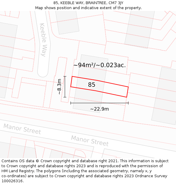 85, KEEBLE WAY, BRAINTREE, CM7 3JY: Plot and title map