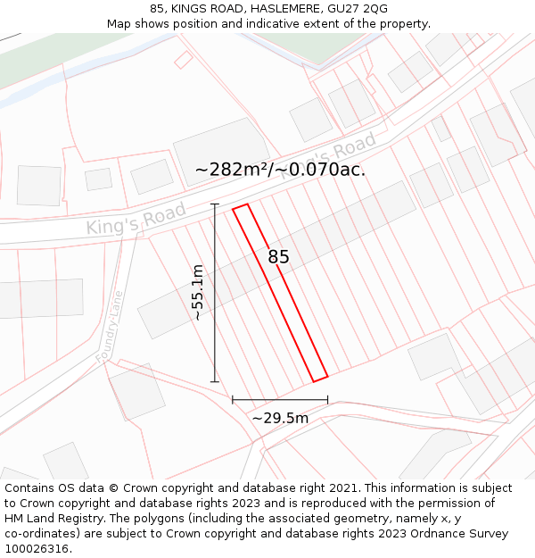 85, KINGS ROAD, HASLEMERE, GU27 2QG: Plot and title map