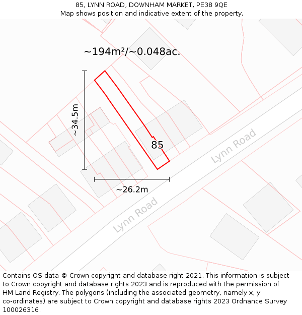 85, LYNN ROAD, DOWNHAM MARKET, PE38 9QE: Plot and title map
