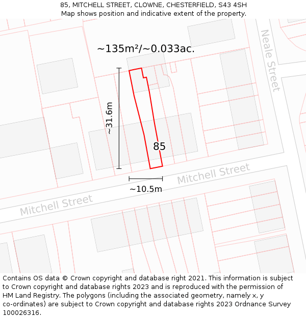 85, MITCHELL STREET, CLOWNE, CHESTERFIELD, S43 4SH: Plot and title map