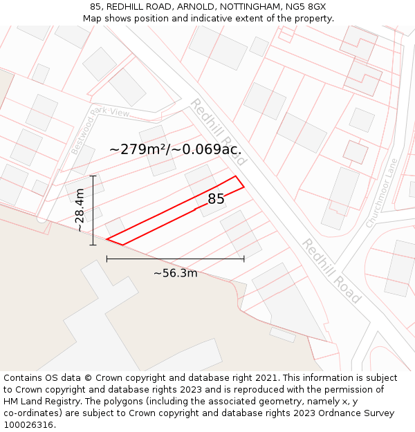 85, REDHILL ROAD, ARNOLD, NOTTINGHAM, NG5 8GX: Plot and title map