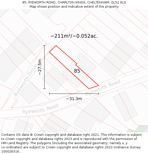 85, RYEWORTH ROAD, CHARLTON KINGS, CHELTENHAM, GL52 6LS: Plot and title map