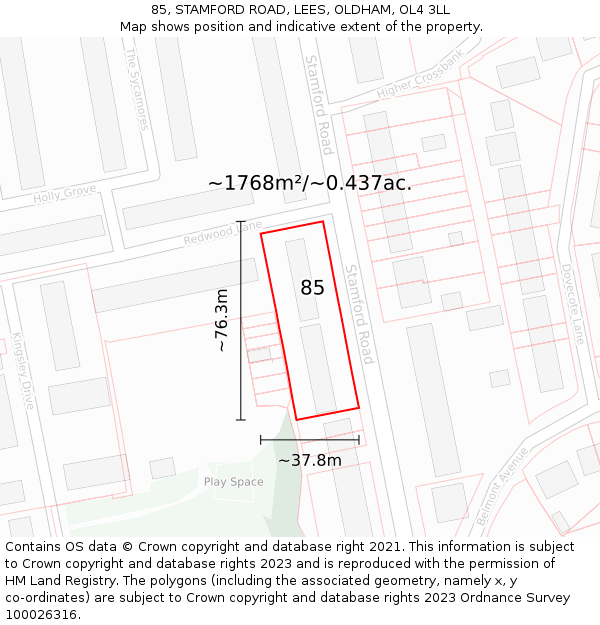 85, STAMFORD ROAD, LEES, OLDHAM, OL4 3LL: Plot and title map
