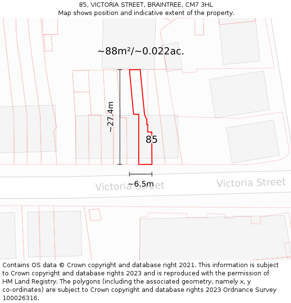85, VICTORIA STREET, BRAINTREE, CM7 3HL: Plot and title map