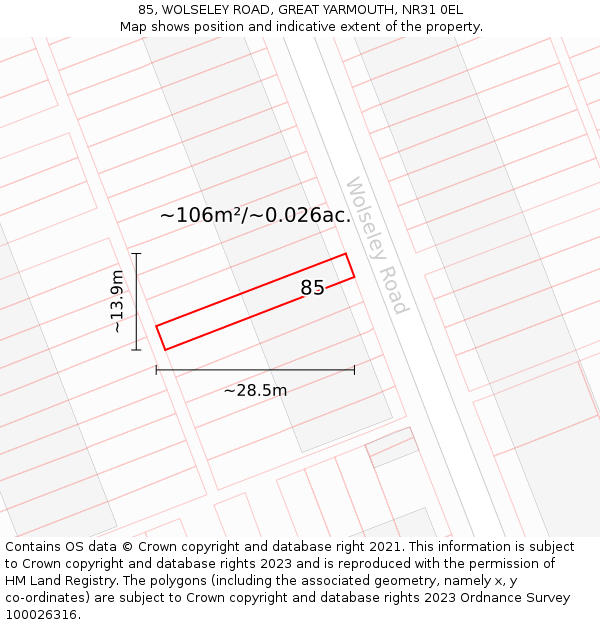 85, WOLSELEY ROAD, GREAT YARMOUTH, NR31 0EL: Plot and title map