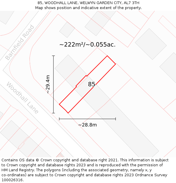 85, WOODHALL LANE, WELWYN GARDEN CITY, AL7 3TH: Plot and title map