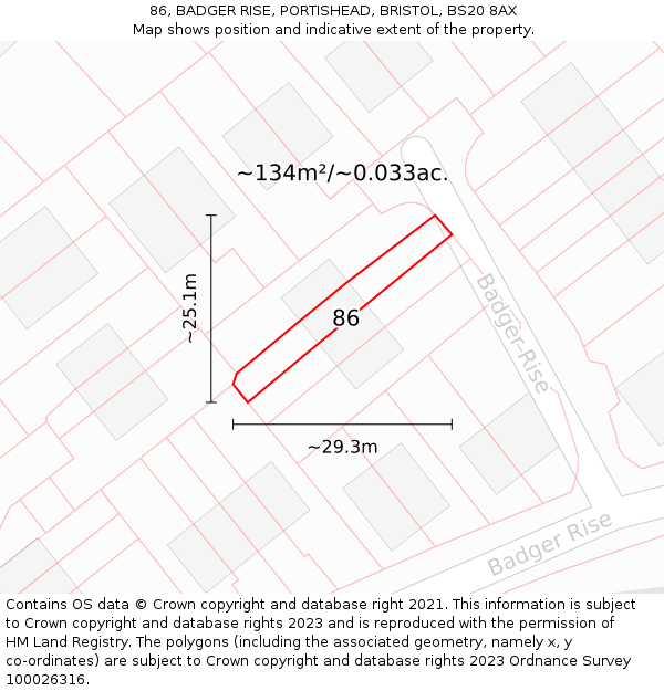 86, BADGER RISE, PORTISHEAD, BRISTOL, BS20 8AX: Plot and title map