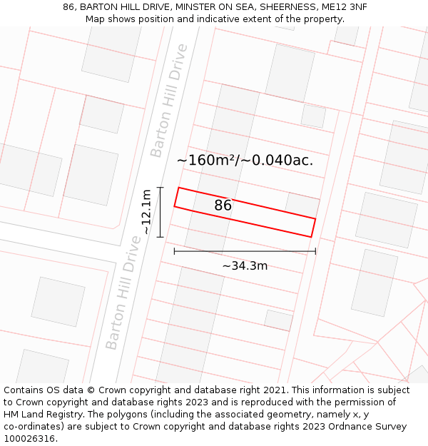 86, BARTON HILL DRIVE, MINSTER ON SEA, SHEERNESS, ME12 3NF: Plot and title map