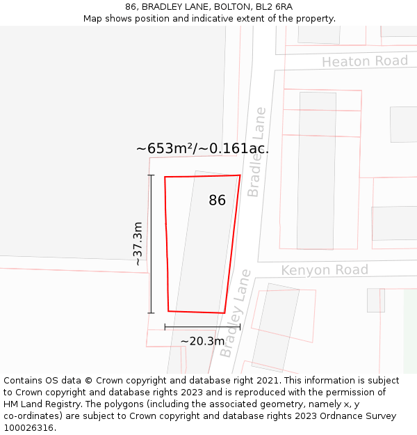86, BRADLEY LANE, BOLTON, BL2 6RA: Plot and title map