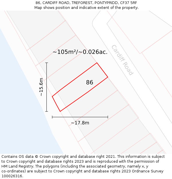 86, CARDIFF ROAD, TREFOREST, PONTYPRIDD, CF37 5RF: Plot and title map