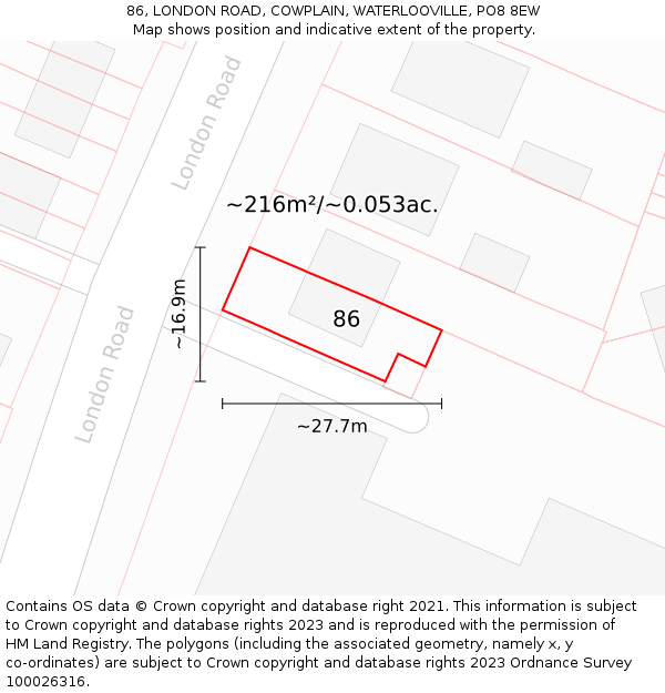 86, LONDON ROAD, COWPLAIN, WATERLOOVILLE, PO8 8EW: Plot and title map