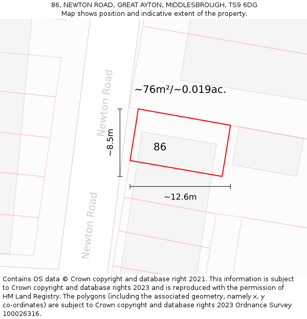 86, NEWTON ROAD, GREAT AYTON, MIDDLESBROUGH, TS9 6DG: Plot and title map
