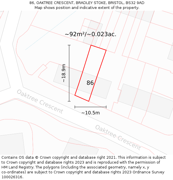 86, OAKTREE CRESCENT, BRADLEY STOKE, BRISTOL, BS32 9AD: Plot and title map