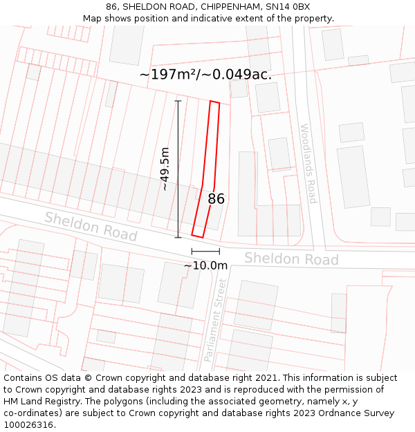 86, SHELDON ROAD, CHIPPENHAM, SN14 0BX: Plot and title map