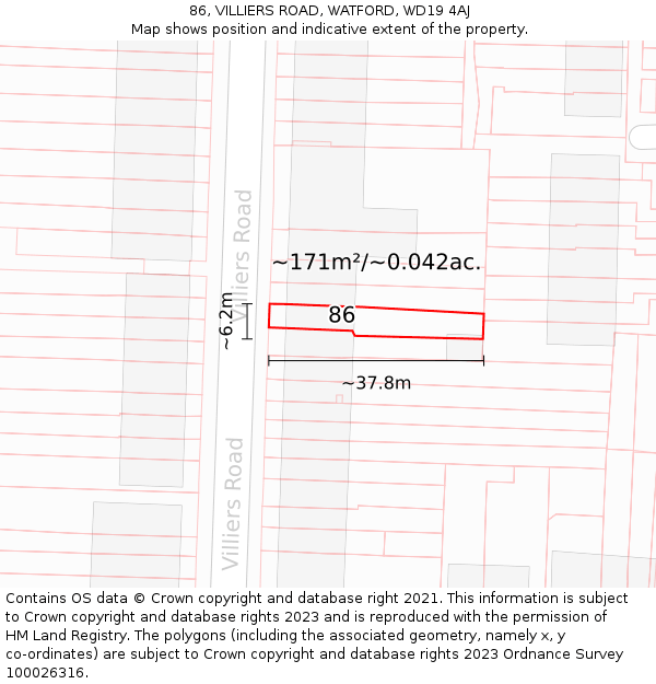 86, VILLIERS ROAD, WATFORD, WD19 4AJ: Plot and title map