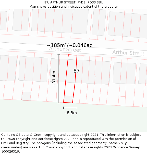 87, ARTHUR STREET, RYDE, PO33 3BU: Plot and title map