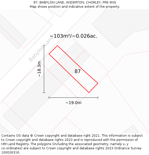 87, BABYLON LANE, ANDERTON, CHORLEY, PR6 9NS: Plot and title map