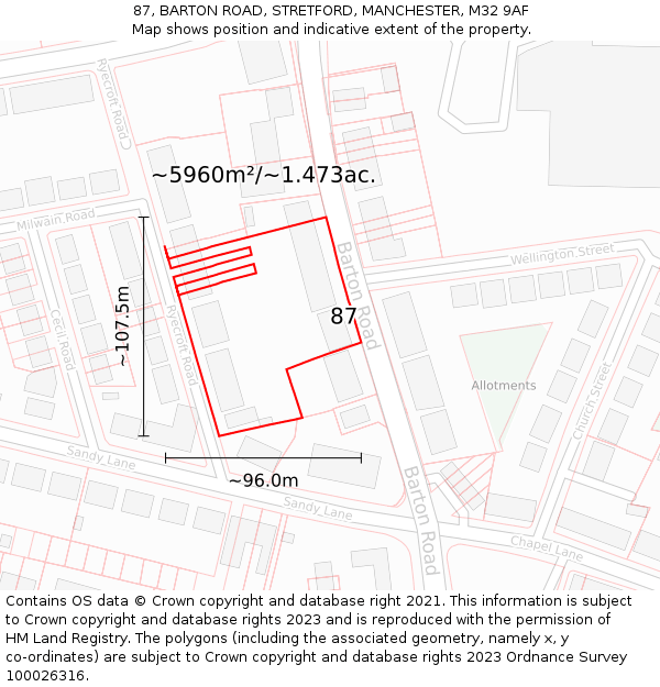 87, BARTON ROAD, STRETFORD, MANCHESTER, M32 9AF: Plot and title map