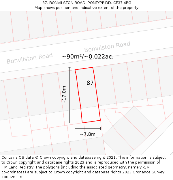 87, BONVILSTON ROAD, PONTYPRIDD, CF37 4RG: Plot and title map