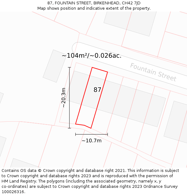 87, FOUNTAIN STREET, BIRKENHEAD, CH42 7JD: Plot and title map