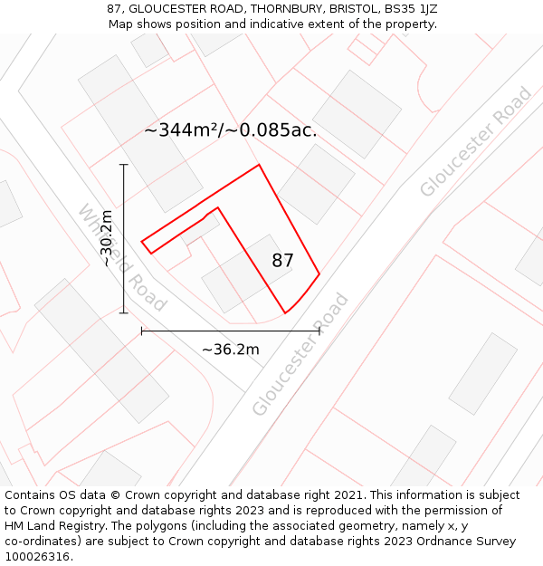 87, GLOUCESTER ROAD, THORNBURY, BRISTOL, BS35 1JZ: Plot and title map