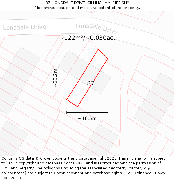 87, LONSDALE DRIVE, GILLINGHAM, ME8 9HY: Plot and title map