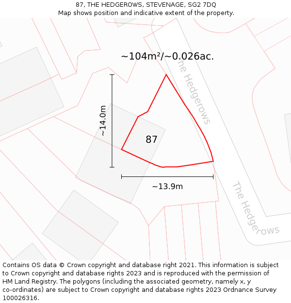 87, THE HEDGEROWS, STEVENAGE, SG2 7DQ: Plot and title map