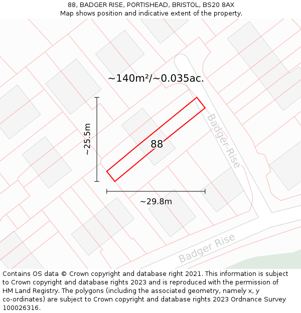 88, BADGER RISE, PORTISHEAD, BRISTOL, BS20 8AX: Plot and title map