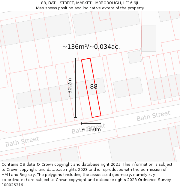 88, BATH STREET, MARKET HARBOROUGH, LE16 9JL: Plot and title map