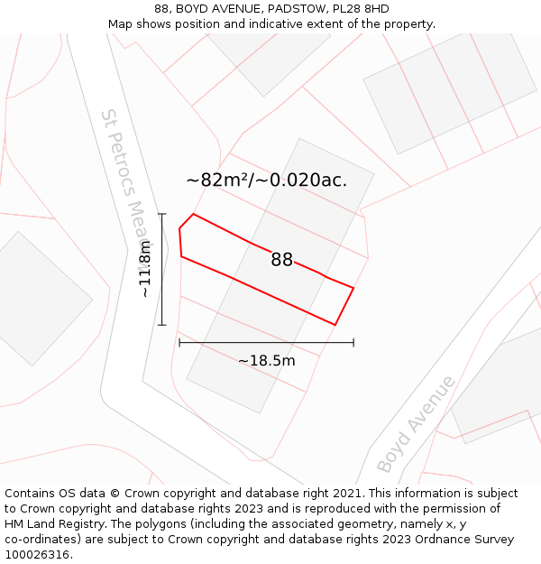 88, BOYD AVENUE, PADSTOW, PL28 8HD: Plot and title map