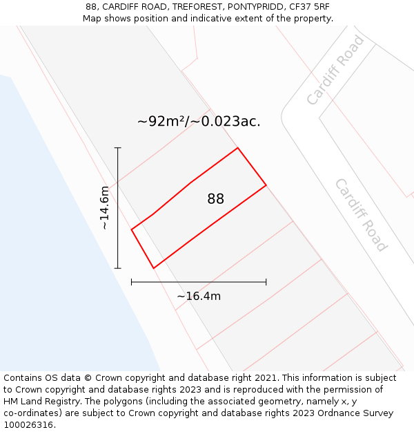 88, CARDIFF ROAD, TREFOREST, PONTYPRIDD, CF37 5RF: Plot and title map