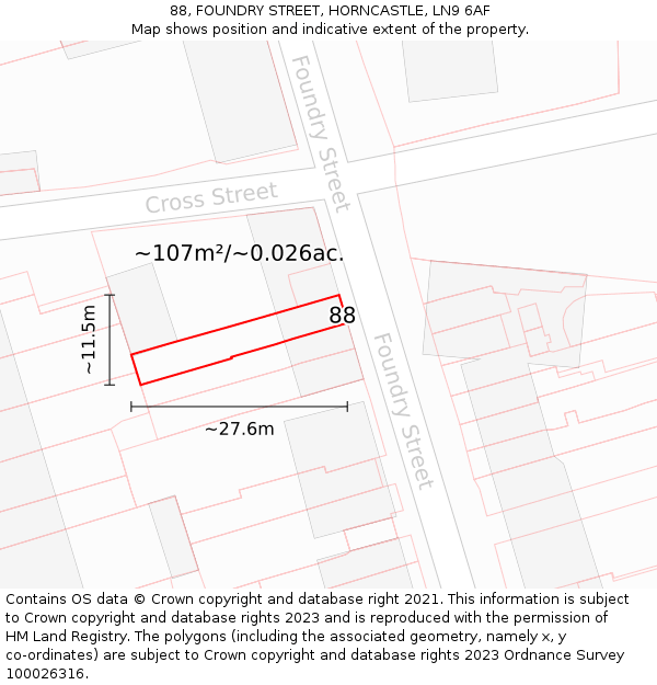 88, FOUNDRY STREET, HORNCASTLE, LN9 6AF: Plot and title map