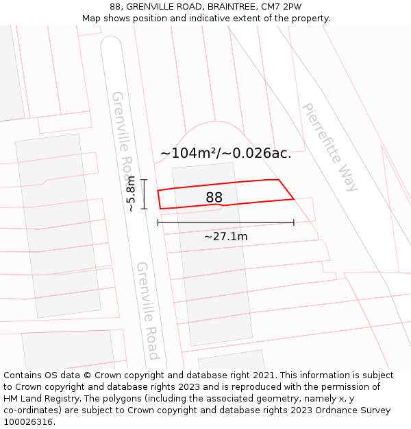88, GRENVILLE ROAD, BRAINTREE, CM7 2PW: Plot and title map