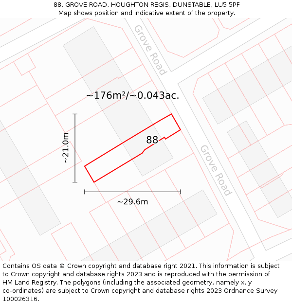 88, GROVE ROAD, HOUGHTON REGIS, DUNSTABLE, LU5 5PF: Plot and title map