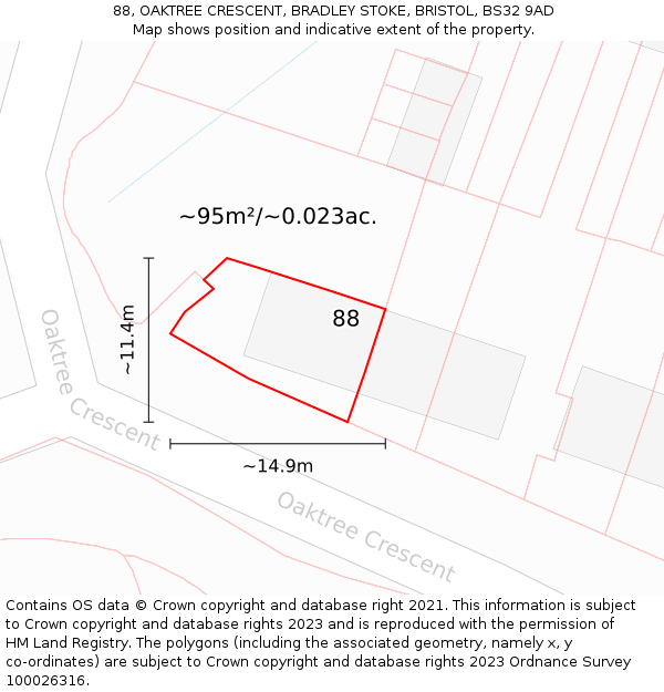 88, OAKTREE CRESCENT, BRADLEY STOKE, BRISTOL, BS32 9AD: Plot and title map