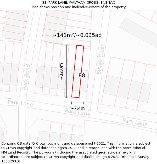 88, PARK LANE, WALTHAM CROSS, EN8 8AQ: Plot and title map