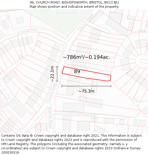 89, CHURCH ROAD, BISHOPSWORTH, BRISTOL, BS13 8JU: Plot and title map