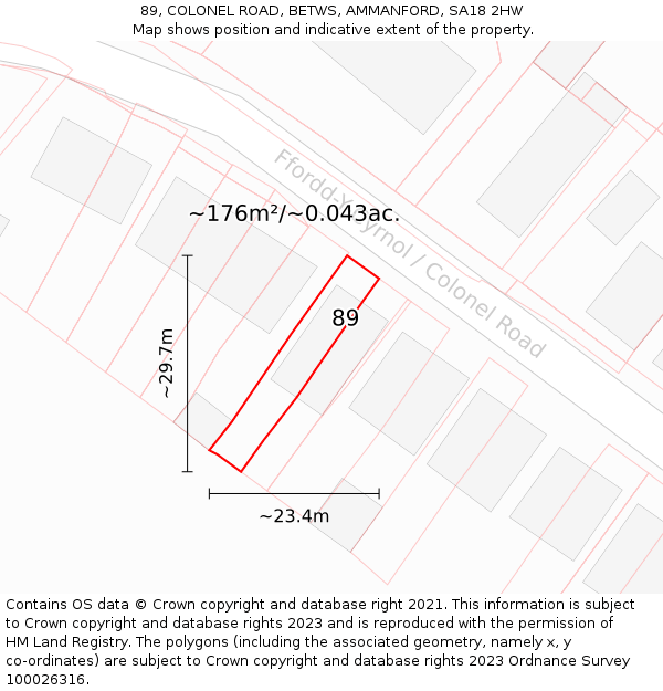 89, COLONEL ROAD, BETWS, AMMANFORD, SA18 2HW: Plot and title map