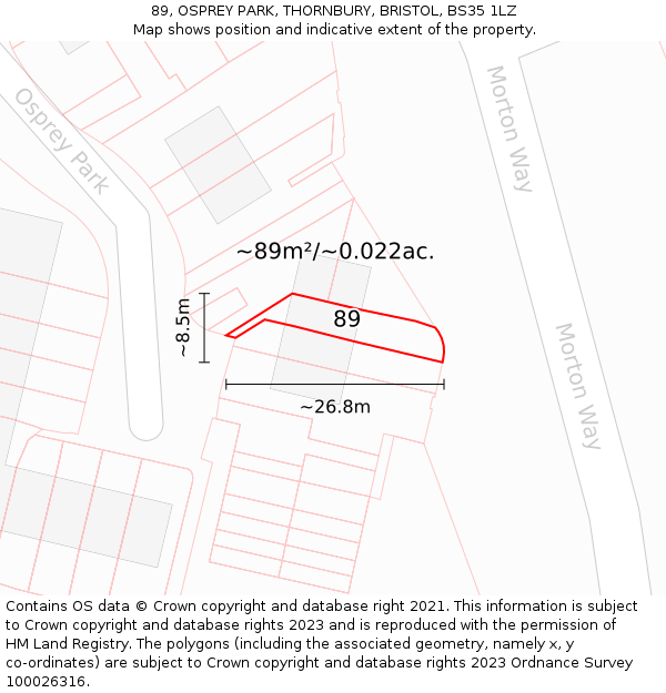 89, OSPREY PARK, THORNBURY, BRISTOL, BS35 1LZ: Plot and title map