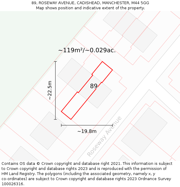 89, ROSEWAY AVENUE, CADISHEAD, MANCHESTER, M44 5GG: Plot and title map