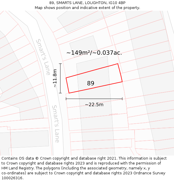 89, SMARTS LANE, LOUGHTON, IG10 4BP: Plot and title map