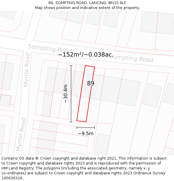 89, SOMPTING ROAD, LANCING, BN15 9LF: Plot and title map