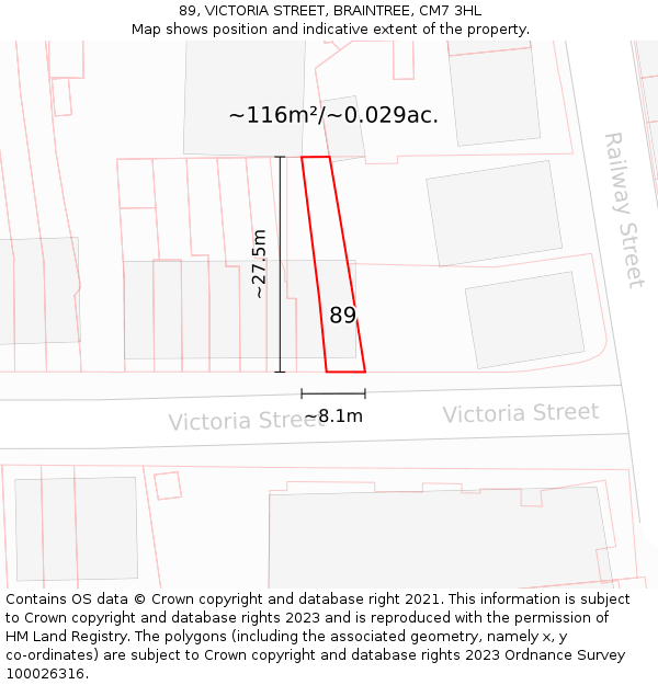 89, VICTORIA STREET, BRAINTREE, CM7 3HL: Plot and title map